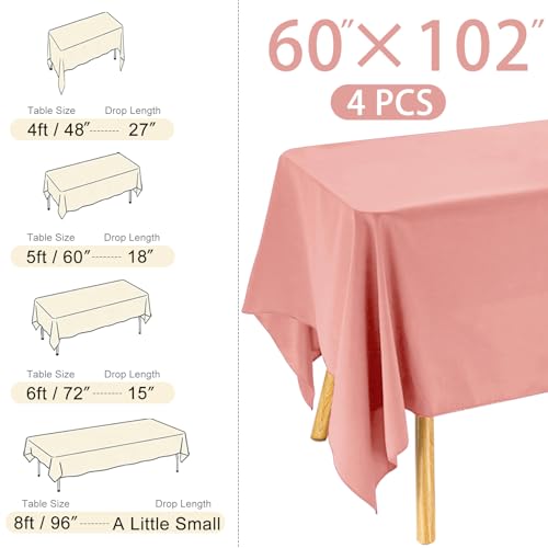 Image of 4 Pack Rectangle Tablecloth for 6 Foot Tables Washable Polyester Table Cover for Wedding Dining Table Parties Banquet(60x102 Dusty Rose)