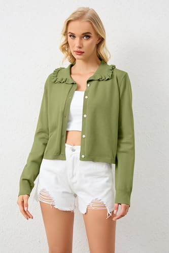 Image of Women Ruffle Collar Button Down Cropped Cardigan Long Sleeve Open Front Knit Sweaters Peplum Sweater Crop Jacket Tops