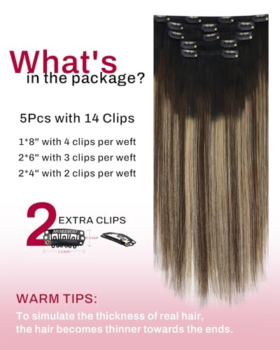 Image of Moresoo Clip in Hair Extensions Black Blonde Balayage Short 10 inch 80g | Real human hair clip ins, honey brunette balayage, 5pcs, remy hair, quick clip-on wear for soft short dimension
