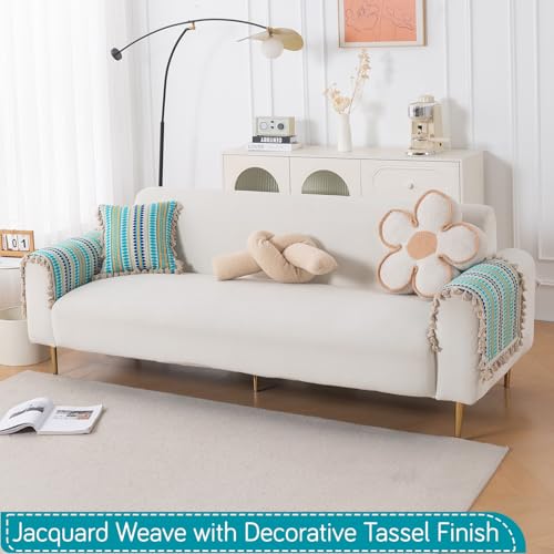 Image of HOKIPO 'Artisan Boho Series' Sofa Arm Cover with Tassel | 450 GSM Thick Cotton Acrylic Jacquard Fabric Armrest Mat Size 50x70 cm, Pack of 2, Aqua Blue (IN-899-A4*2SM)