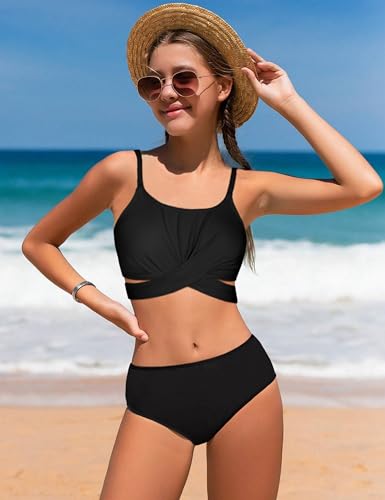 Girls Swimsuit 3 Piece Bathing Suit Criss Cross Bikini Set Girls' Swimwear with Shorts 7-16T2