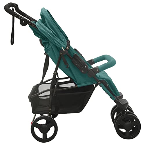 Mogou Geschwisterwagen, Zwillingskinderwagen, Doppelkinderwagen, Geschwisterbuggy, Double Stroller, Grün Stahl, Holzfarbe