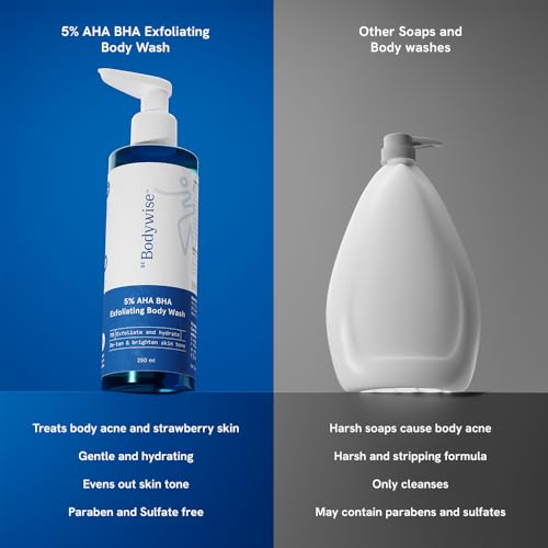 Image of Be Bodywise 5% AHA BHA De-Tan Exfoliating Body Wash 250ml | For Body Acne, Strawberry Skin, De-Tan | Infused with 3% Lactic Acid, 1% Salicylic Acid, 1% Glycolic Acid | Non-Drying, Paraben Free