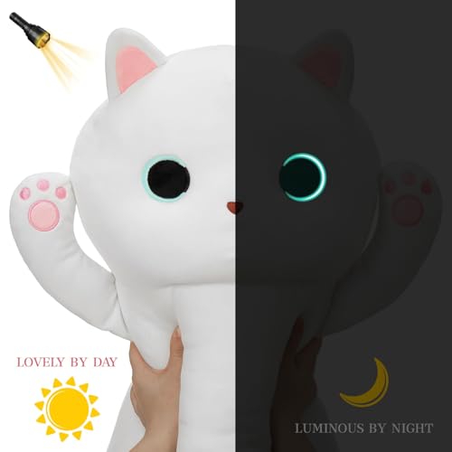 Image of MaoGoLan 44'' Cat Plush Body Pillow, Giant Glow in The Dark Cat Stuffed Animal Pillow for Girl Boy Kid, Long Cute Kitty Plush Pillow for Birthday Gift, Baby Shower Party Decor, White