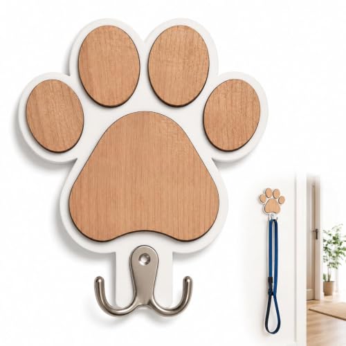 Image of KinetiCore Paw Print Dog Lead Holder for Wall, White Wooden Wall Mounted Dog Leash Hook, Decorative Entryway Key Organiser for Coats Towels, Good Gift for Dog Lovers Pet Owners
