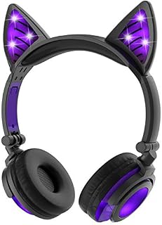 Bluetooth Headphones, Olyre Cat Ear LED Light-Up Wireless Headphones with Microphone Build-in, Foldable On-ear Earphones for School Students Boys Girls Women (Purple)