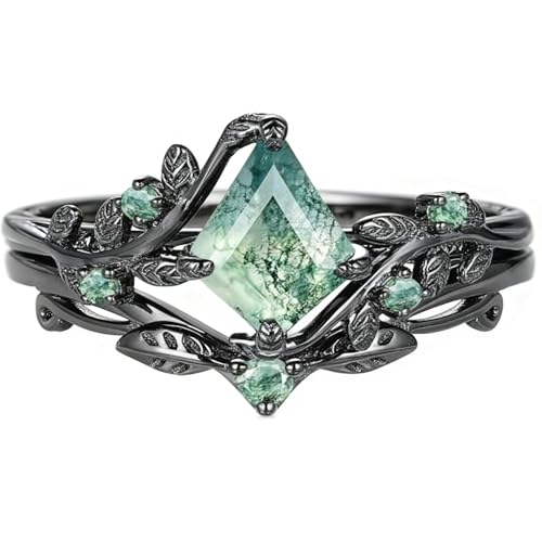 Natural Moss Agate Engagement Ring for Women 925 Sterling Silver Bridal Ring Set Kite Cut Moss Agate Wedding Ring Set Black Gold Plated Promise Rings Set for Her 9