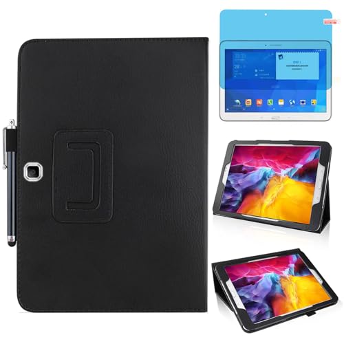 Slim Leather Case for Samsung Galaxy Tab 4 10.1 Inch 2014 (SM-T530 T535 T531 T537), Multi-Angle Stand Full-Protective Tablet Cover Book Case with Stylus Pen,Screen Film (Black)