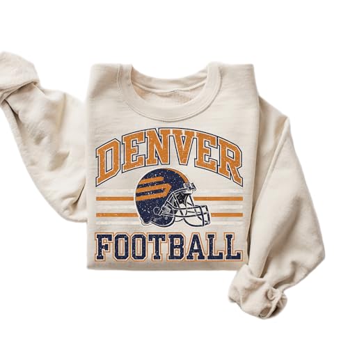 DAYLEA Distressed Denver Football Crewneck Sweatshirt Retro Vintage Style Cozy Game Day Pullover Top for Women (Sand Small)