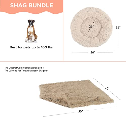 Best Friends by Sheri Bundle Set The Original Calming Shag Donut Cuddler Cat and Dog Bed + Pet Throw Blanket, Taupe, Large, 36x36