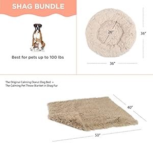 Bundle Set The Original Calming Shag Donut Cuddler Cat and Dog Bed Pet Throw Blanket Taupe Large 36×36