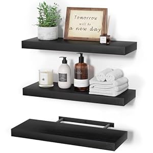 upsimples 16.5″ L Black Wooden Floating Shelves with Invisible Brackets, Wall Mounted Modern Wood Shelves Set of 3, for Bathroom Bedroom