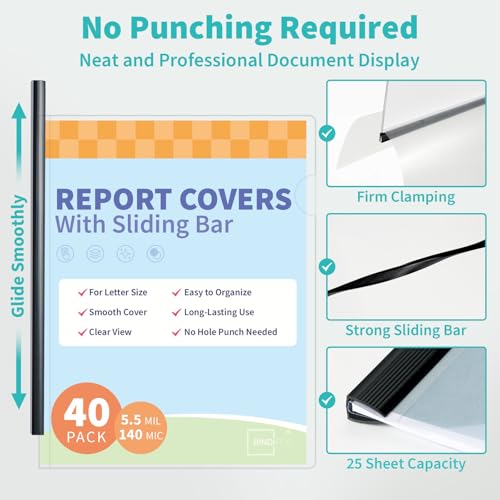 Image of Binditek Clear Report Covers with Sliding Bars, 25 Sheet Capacity, 40 Pack