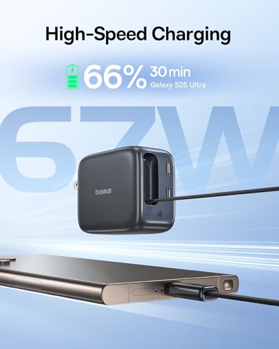 Baseus 67W USB C Charger, 3 in 1 Fast Charging Block with Retractable Cable & Foldable Plug, PD/PPS for Galaxy S25/iPhone 16/15 Series/MacBook Air/Airpods 3