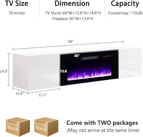 Image of AMERLIFE Floating TV Stand with 36 inch Electric Fireplace, High Gloss Finish Wall Mounted Fireplace Entertainment Center with Storage for TVs Up to 78 inch, White