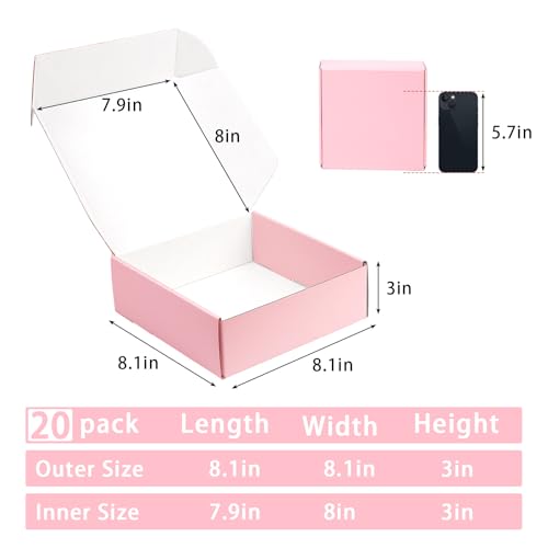 DEZIBOX Caixas de Remessa Rosa 8X8X3 para Embalagem, Pacote com 20 Caixas de Papelão Ondulado para R