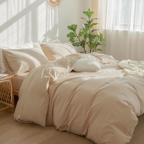 Image of MooMee Bedding Duvet Cover Set 100% Washed Cotton Linen Like Textured Breathable Durable Soft Comfy (Solid Sandy Beige, Twin 68 inchx90 inch)