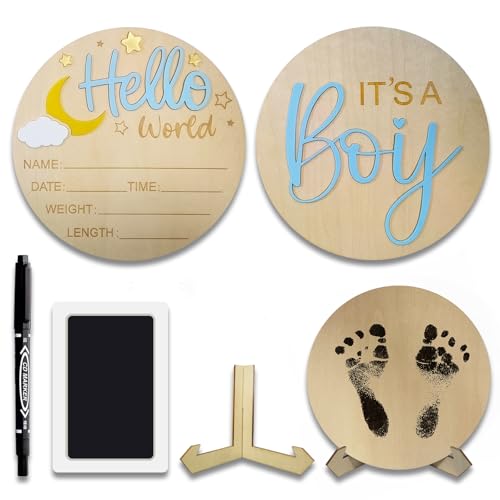 Image of 2Pcs Baby Announcement Sign Set, 5.9 Inch Hello World Newborn Sign and IT’S A Boy Welcome Signs, Baby Name Sign with Ink Pad for Hand & Footprints, 3D Wooden Birth Gifts for Hospital Shower Nursery