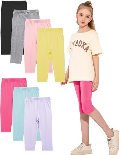 Kiench Pack of 7 Girls Capri Leggings 3/4 Pants for Summer School Sports Dance