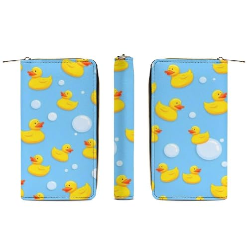 Fashion Decor Wallet, Long PU Zipper Wallet, Travel Purse Fashion Design, Huge Storage Capacity PurseCute Funny Blue Bubbles Yellow Rubber Ducks3
