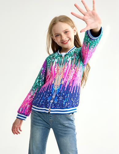 Image of LOLANTA Girls Sequin Jacket, Long Sleeve Kids Bomber Coats with Pockets, Spring Fall Outfits for 4-15 Years
