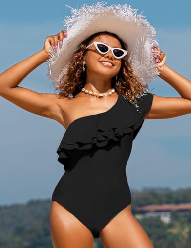 Hilor Women's Slimming One Piece Swimsuits Swimwear Ruffled Asymmetric One Shoulder Bathing Suits4