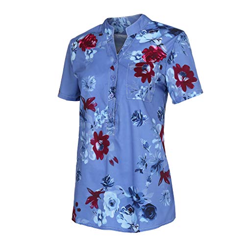 Womens Loose Plus Size Floral Print T-Shirt Tee S-5XL,Ruffle Short Sleeve V-Neck Basic Top Fashion Style for Laides and Girl (Bluec, L)