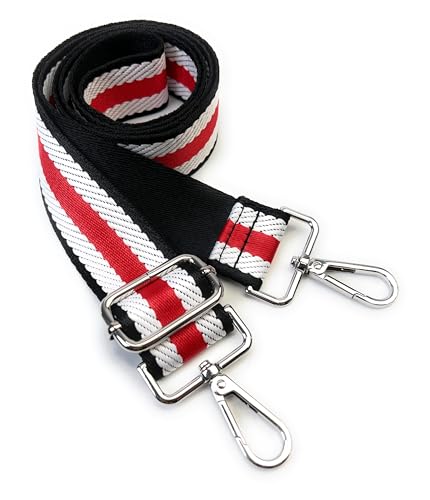 Image of Black White Red Stripe Webbing Purse Strap with Silver Hardware 1-1 /2 Inch Wide Replacement Crossbody Guitar Style Adjustable Shoulder Strap for Handbags Totes
