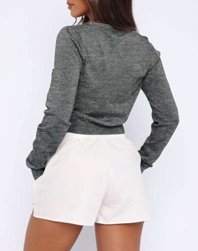 Image of V Neck Sweater Women's Long Sleeve Cardigans Tops Open Front Button Sweaters Lightweight Lady Jackets Trendy Outwear Coats Crop Shirt Dark Grey 2XL