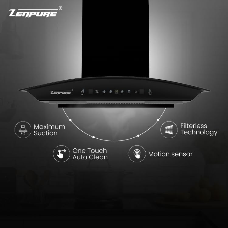 Image of ZENPURE Nadia-75 Auto Clean Kitchen Chimney | 1350 CMH Powerful Suction | Wall Mounted | Touch Control | Baffle Filter | Black Finish