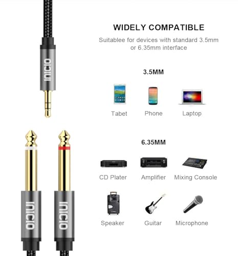 INICIO 3.5mm 1/8" TRS to Dual 2 x 6.35mm 1/4" TS Mono Audio Y Splitter Cable 10ft/3m Silver Plated Wire Compatible with iPhone,iPod,Laptop,CD Players,Power Amplifier,Mixer, Home Stereo Systems