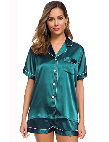 Image of SWOMOG Womens Silk Satin Pajamas Set Short Sleeve Sleepwear Button Down Top and Shorts Loungewear 2 Piece Pjs Set XS-3XL