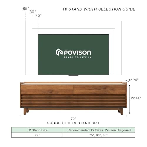 Image of POVISON Fully-Assembled Mid Century Matte Sintered Stone TV Stand with Legs, 78.74 inch Wood Media Console with Adjustable LED Light, Entertainment Center with Storage for Living Room