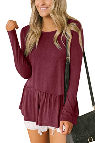 For G and PL Womens Swing T Shirts Long Sleeve Cotton Flowy Shirts Ruffle Tunic Blouse Maroon S