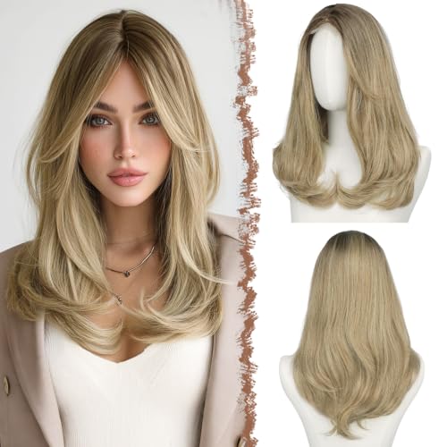 FESHFEN Lace Front Hairline Wigs with Bangs, Synthetic Natural Looking Long Layered Straight Hair Wig for Women Daily Party Costume, 18 inch Ombre Mixed Blonde