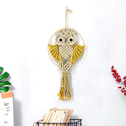 Decorative Owl Wall Hanging Macrame Tapestry Rope Woven Wall Decor For Children Kid's Bedroom Nursery Room Home Decoration Handmade Craft (Yellow) #TOP1