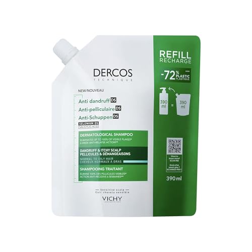 Vichy Recarga de Champú Anticaspa, Para Cabello Normal a Graso, Elimina la Caspa y Reduce los Picores, Cuero Cabelludo Limpio y Sano, Doble Eficacia, Unisex, Dercos Technique, 400 ml