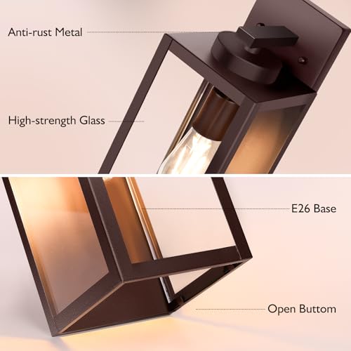 Image of BesLowe 15 inch Large Outdoor Wall Light Fixture, Exterior Porch Sconce, Brown | Waterproof, Rust-Resistant, Durable Metal with Clear Glass, Standard E26 Socket, Easy to Install