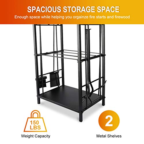 Lovinouse 2 Layer Firewood Log Rack with 4 Fireplace Tools Sets, Black Heavy Duty Wrought Iron Lumber Holder Storage Stacking Carrier for Indoor Outdoor Backyard Patio - Thumbnail 5