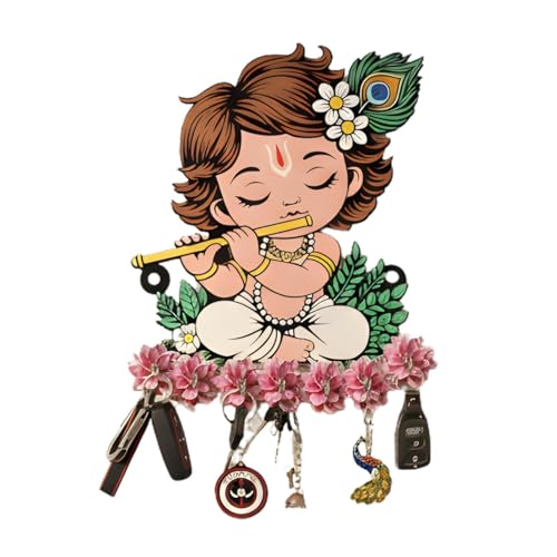 Image of JIVAY Baby Krishna Decorative Wall Mounted Key Holder for Home | Wooden Key Hanger with 7 Hooks | Designer Key Stand for Living Room, Entrance & Office | Home Decor Gift Item (Pink Krishna Key Holder)
