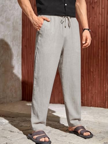 Image of TOPLOT Men's Premium Linen Blend Pants | Lightweight Breathable Fabric | Elastic Waist with Drawstring | Straight Fit | Side Pockets | Perfect for Casual, Holidays & Travel (5268)