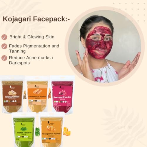 Image of Herbal Multani Mitti, Sandalwood, Beetroot, Orange Peel, Neem Powder by Kojagari (Combo of 5) | For Face pack | Reduce Acne, Darkspots, Pigmentation, D Tan | Bright and Glowing Skin |