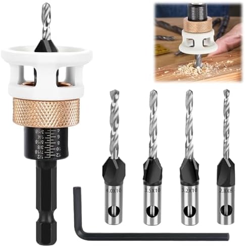 6 Pièces Jeu De Forets à Chanfreiner, Fraise Bois Avec Butée De Profondeur Avec Tige Hexagonale 1/4", En HSS-M2, Foret à Tête Fraisée 2,8/3,2/3,5/4 Mm, Pour Le Travail Du Bois