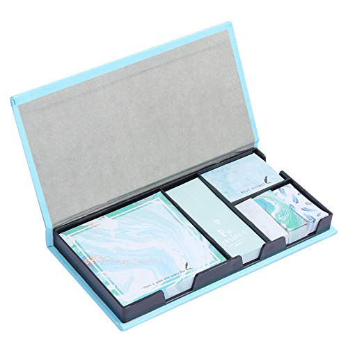 Sticky Notes Pads Set Blue Color Memo Pads with Memo Pads Holder Gift Box 4 Different Size Self Sticky Note Pads for Book Mark, Daily Reminder, Taking Notes, Journal Planner, and Office