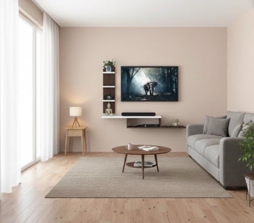 Image of Bros Moon Wall Mounted TV Cabinet, L-Shape, Choco White, MDF, Modern Style, Laminated Finish, for Living Room, Suits TV up to 55 Inches (Mocha White, Dual L 36 Inches Base)