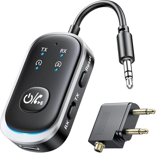 Mohard Transmisor Receptor Bluetooth 2 en 1, Adaptador Bluetooth 5.3 para TV/Coche/Avión/Altavoces con Jack 3.5mm, Emisor y Receptor Bluetooth Emparejamiento Dual para AirPods/Auriculares, 12H de Uso