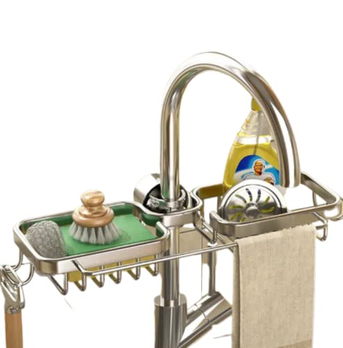 Stainless Detachable Faucet Drain Rack for Kitchen Sink, Sponge Holder for Kitchen Sink, Over The Sink Shelf Sponge Caddy, Organizer and Storage, Bathroom (Double Rack Silver)