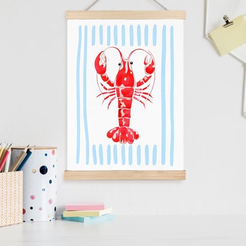 Image of PQKIY Coastal Beach Lobster Wall Art Poster Hanger Frame 12x16 in, Summer Watercolor Nautical Beach Seafood Blue Striped Aesthetic Wall Decor Canvas Prints for Home Kitchen Dining Room