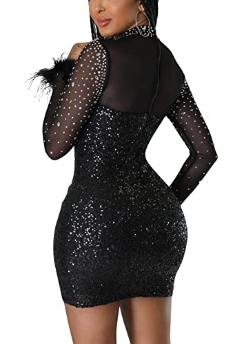Abky Women Sexy Dress Black Long Sleeve Sparkle Rhinestone Bodycon Mini Birthday Party Club Night Dresses 2Xl Plus Size #TOP4