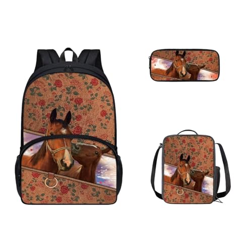 Zaino per bambini per la scuola Sachool zaino con portapranzo e astuccio 3 pezzi Cavallo 17 pollici rosa